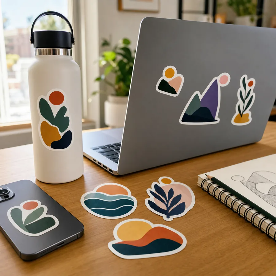 Custom artwork being prepared as colourful stickers