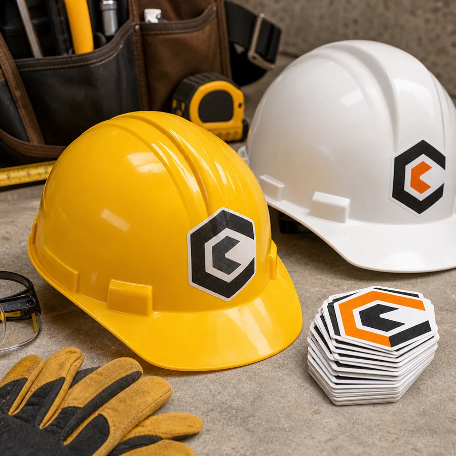 Custom crew stickers on hard hats and work gear