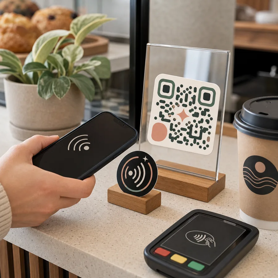 QR and social handle stickers used with a phone