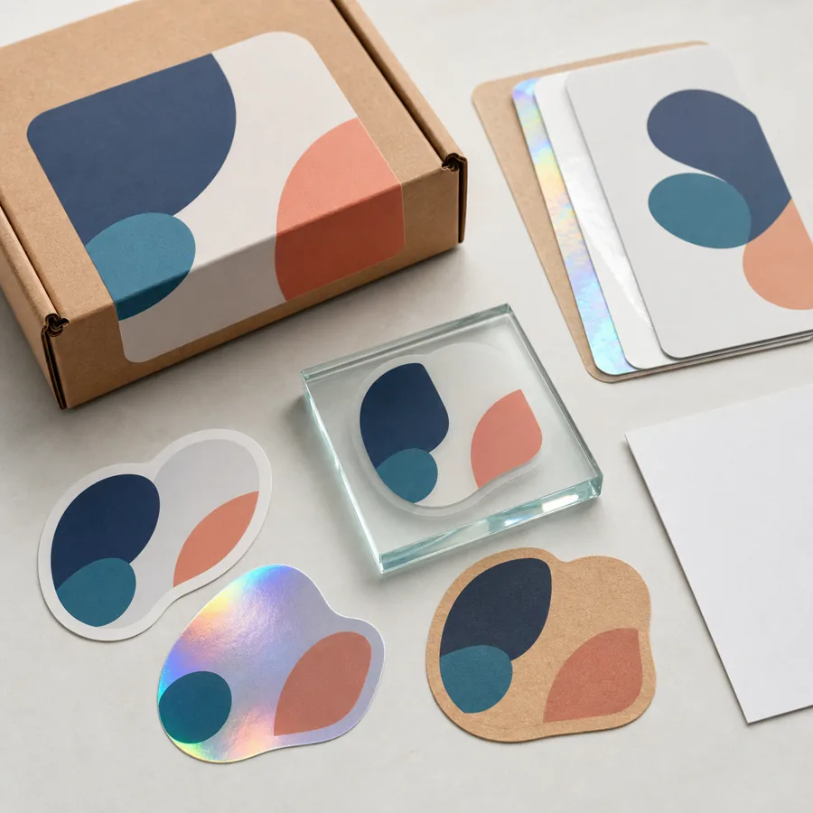 Sticker material samples and ready-made designs